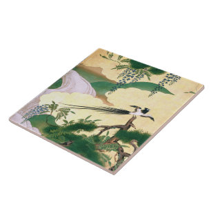 Asian Wisteria Flowers Waterfall River Bird Tile
