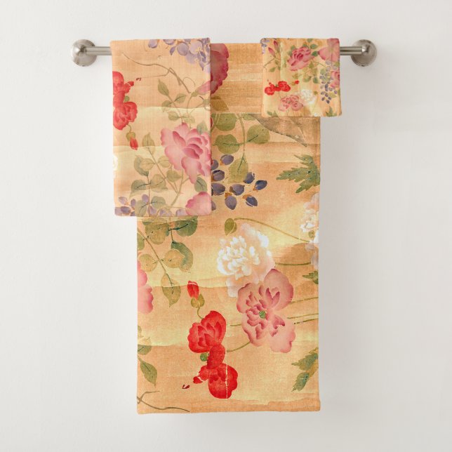 Asian Wisteria Roses Flowers Bath Towel Set (Insitu)