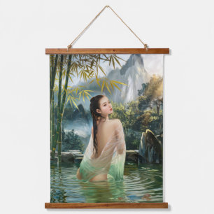 Asian woman bathing in a pond near bamboo tree #6 hanging tapestry