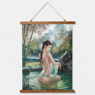 Asian woman bathing in a pond near bamboo tree #8 hanging tapestry
