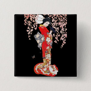 Asian Woman with Cherry Blossom Night 15 Cm Square Badge