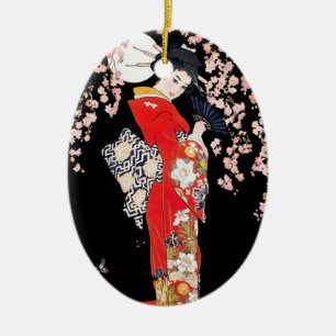 Asian Woman with Cherry Blossom Night Ceramic Ornament
