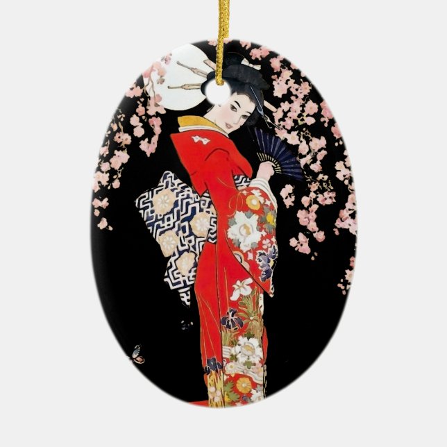 Asian Woman with Cherry Blossom Night Ceramic Ornament (Front)