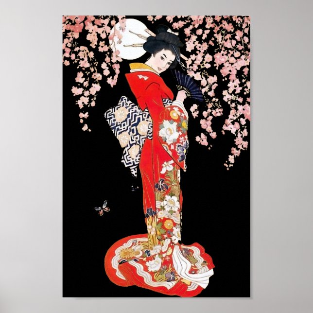 Asian Woman with Cherry Blossom Night Poster (Front)