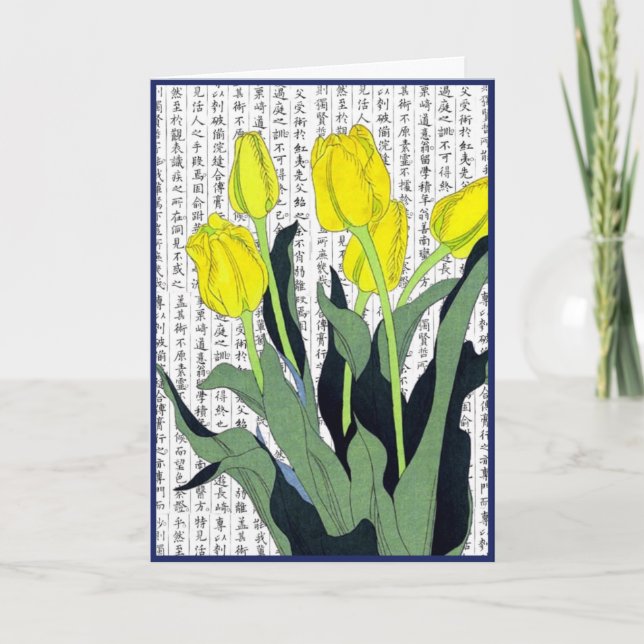 Asian Yellow Tulips on Kanji Background Thank You Card (Front)