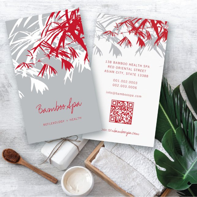 Asian Zen Red Bamboo Leaves Modern Oriental Spa Business Card (Oriental Asian Bamboo Leaves Modern Zen Spa Business Card / Profile Card @ fatfatin_red_knot)