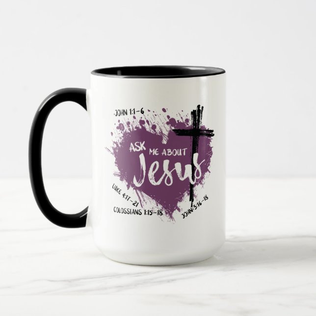 ASK ABOUT JESUS Christian Gospel Scripture Purple  Mug (Left)