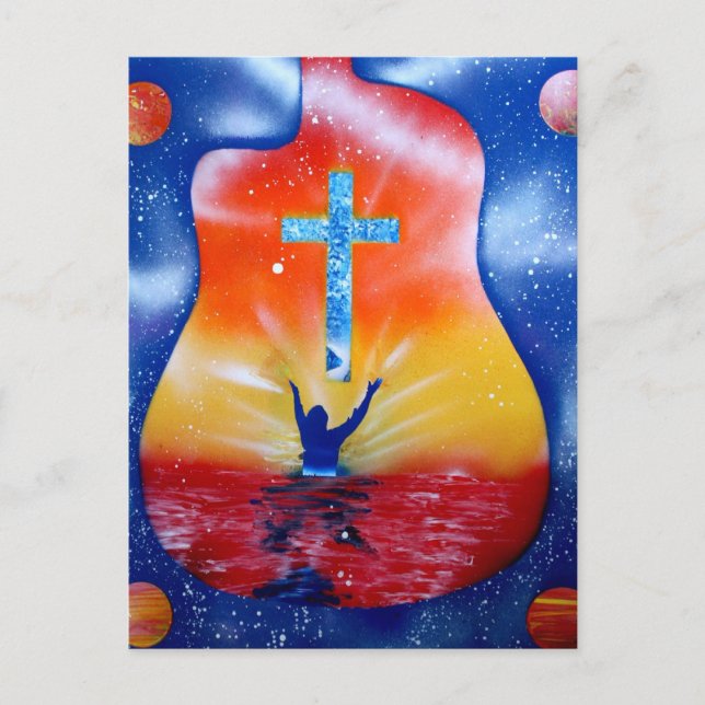 Ask and ye shall receive- man cross guitar postcard (Front)