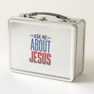 Ask Me About Jesus Vintage Christian Shirt Design Metal Lunch Box