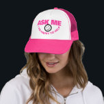 Ask me I happy to help customer service pink Trucker Hat<br><div class="desc">Typographical slogan hat in bright hot pink. Reads: Ask me I am happy to help. Perfect to encourage interaction with customers or the public at events or in retail stores. Designed by www.mylittleeden.com</div>