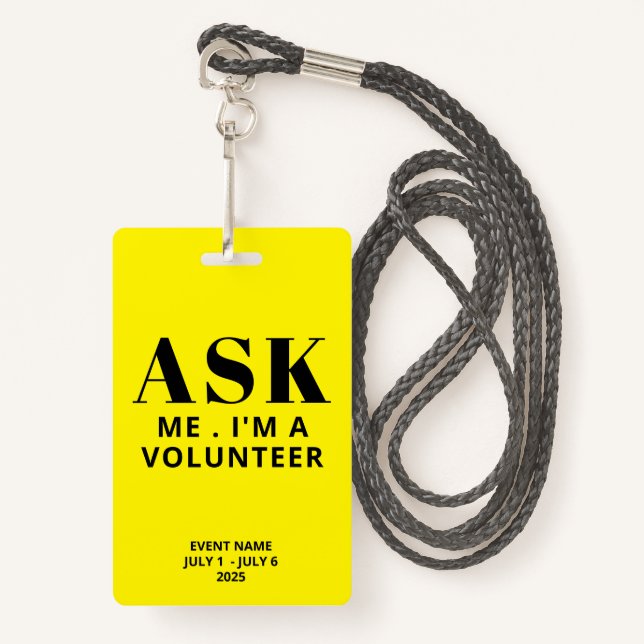 Ask Me Yellow Volunteer ID Badge (Front with Lanyard)
