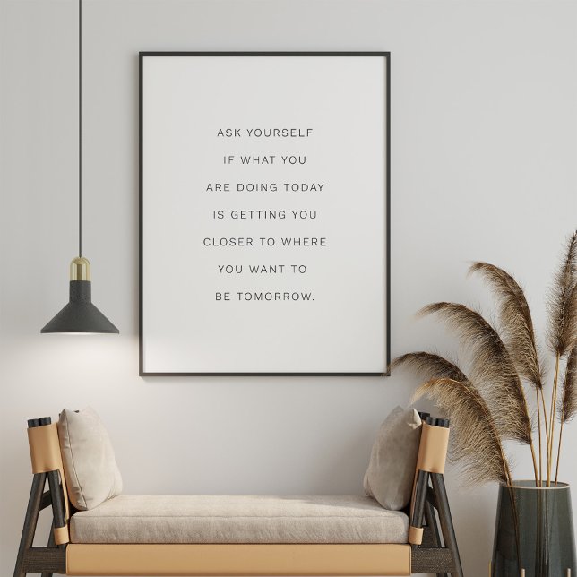 "Ask yourself" Minimalist Inspirational Typography Poster ("Ask yourself" Minimalist Inspirational Typography Poster in a neutral boho living room.)