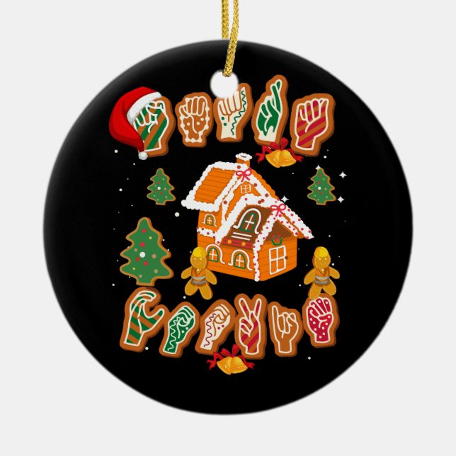 ASL Christmas American Sign Language Gingerbread H Ceramic Ornament (Front)