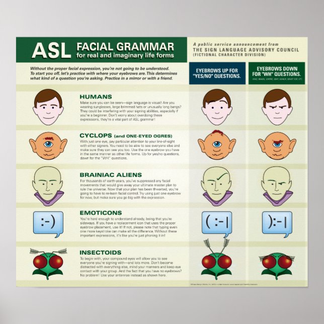 ASL Facial Grammar for various life forms. poster (Front)