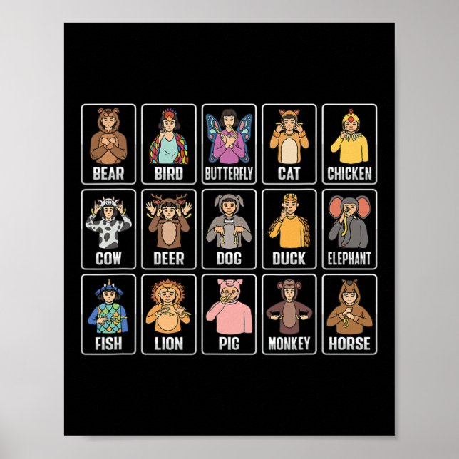 Asl Hand Gesture Animals Deaf Hearing Loss Awarene Poster (Front)