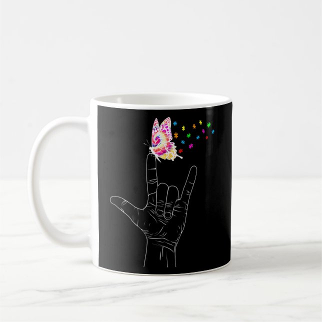 Asl I Love You Hand Sign Language Butterfly Autism Coffee Mug (Left)