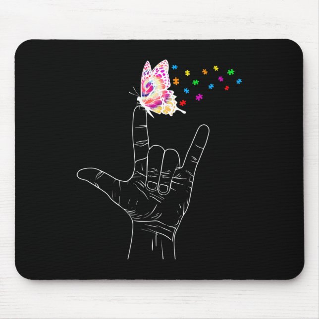 ASL I Love You Hand Sign Language Butterfly Autism Mouse Pad (Front)