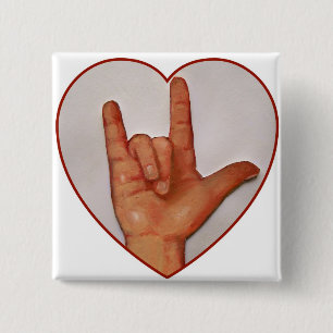ASL I LOVE YOU, HEART SHAPED 15 CM SQUARE BADGE