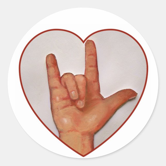 ASL I LOVE YOU, HEART SHAPED CLASSIC ROUND STICKER (Front)