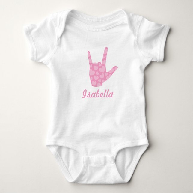 ASL I Love You Pink Hearts Sign Language Girl Name Baby Bodysuit (Front)
