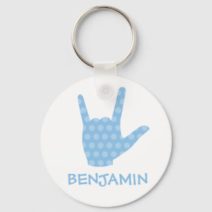 ASL I Love You Sign Blue Dots Boy's Name Large Key Ring