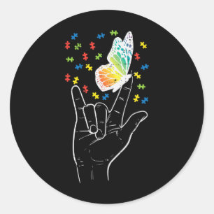 Asl Love Sign Butterfly Puzzle Autism Awareness Sp Classic Round Sticker
