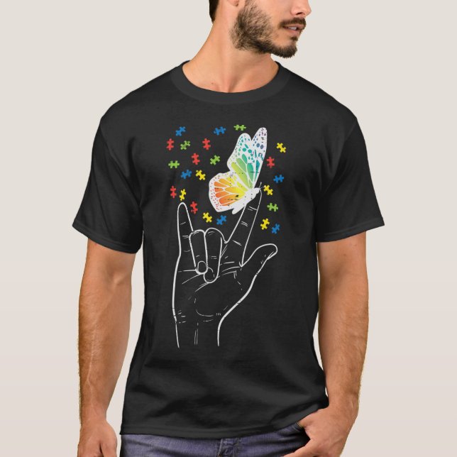 Asl Love Sign Butterfly Puzzle Autism Awareness Sp T-Shirt (Front)