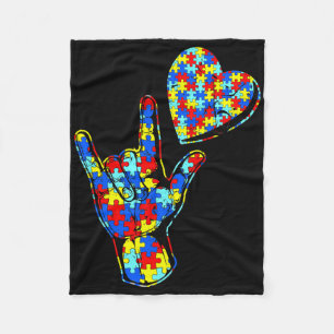 Asl Love Sign Language Autism Awareness Puzzle Kin Fleece Blanket