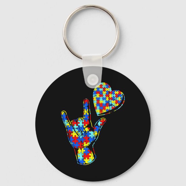 ASL Love Sign Language Autism Awareness Puzzle Kin Key Ring (Front)