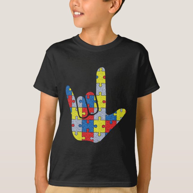 ASL Love Sign Language Autism Awareness Support 4 T-Shirt (Front)