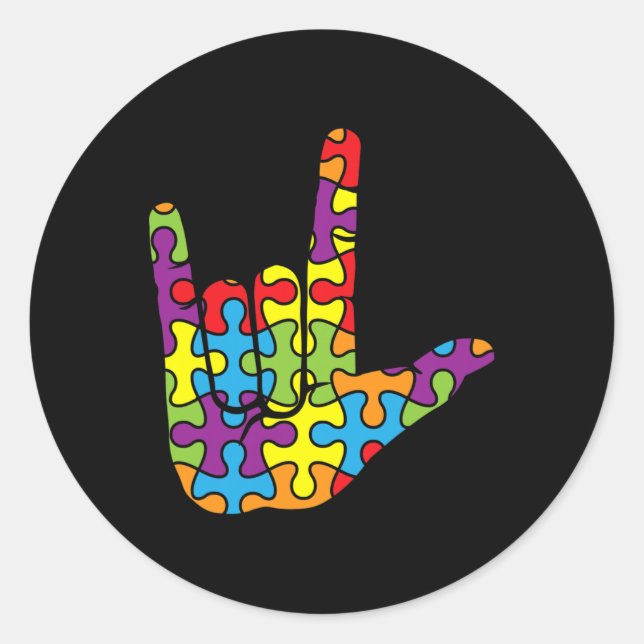 ASL Love Sign Language - Autistic Puzzle Autism Aw Classic Round Sticker (Front)