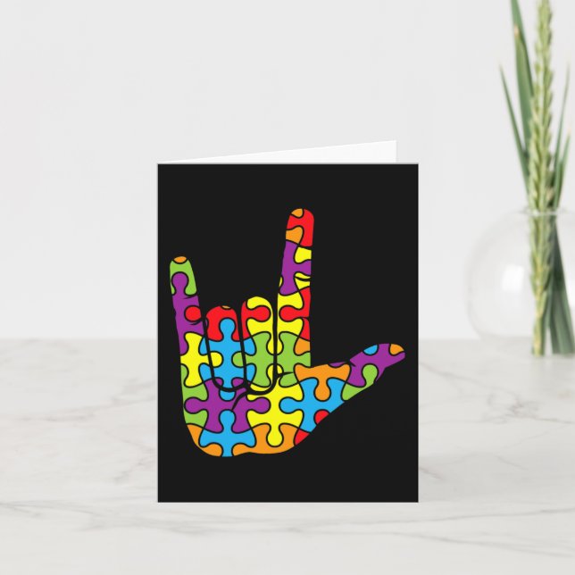 ASL Love Sign Language Autistic Puzzle Autism Awar Card (Front)