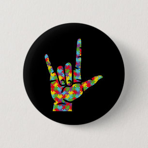 ASL Love Sign Language Hand Autism Awareness Puzzl 6 Cm Round Badge