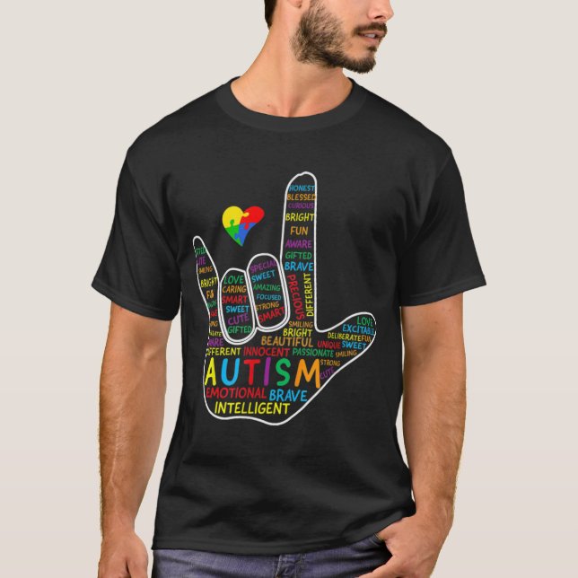 ASL Love Sign Language Hand Autism Awareness Puzzl T-Shirt (Front)
