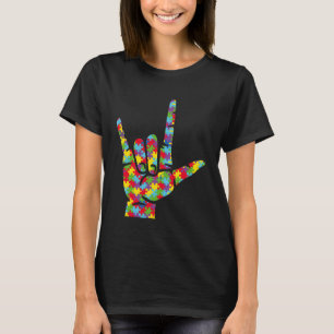 ASL Love Sign Language Hand Autism Awareness Puzzl T-Shirt