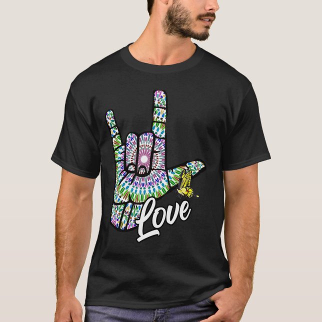 ASL Love You Hand Sign Language Butterfly Deaf Awa T-Shirt (Front)