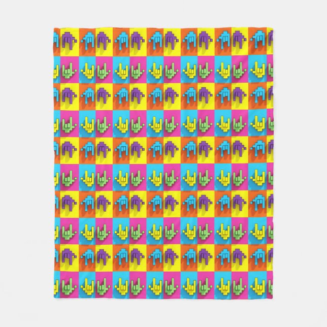 ASL Sign Language Pixel Love Pop Fleece Blanket (Front)