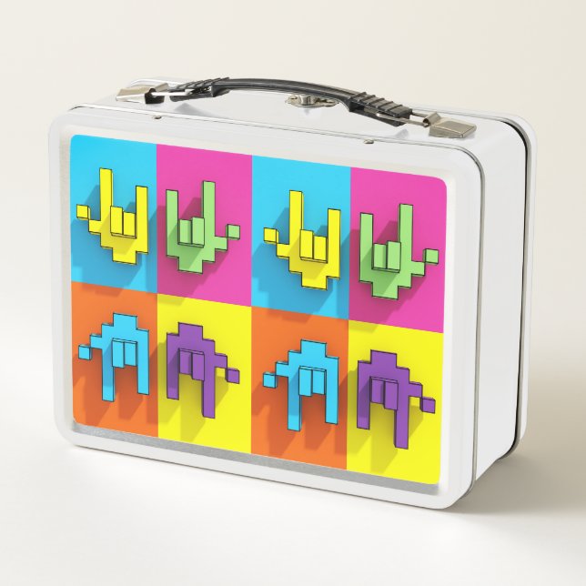 ASL Sign Language Pixel Love Pop Metal Lunch Box (Back)