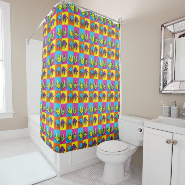 ASL Sign Language Pixel Love Pop Shower Curtain (In Situ)