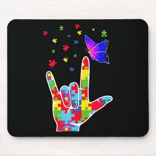 Asl Sign Language Puzzle Butterfly Autism Awarenes Mouse Pad (Front)