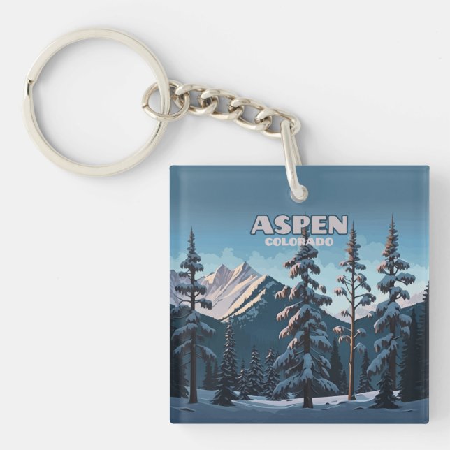 Aspen Colorado Trees Snow Mountains Retro Key Ring (Front)