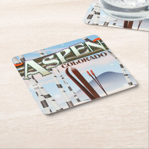 Aspen Colorado vintage style ski poster. Square Paper Coaster