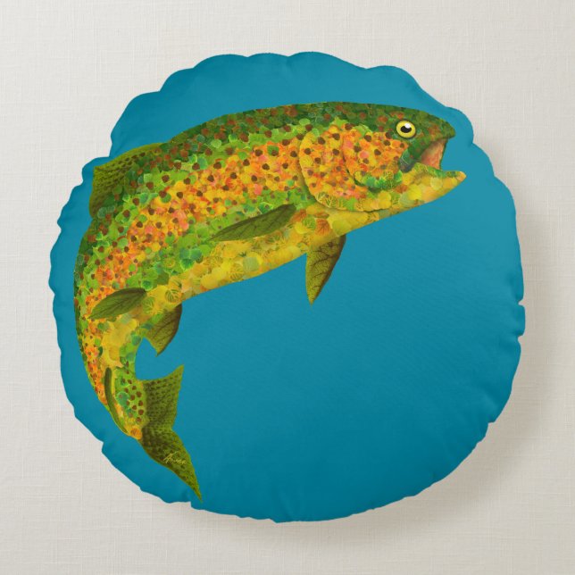 Aspen Leaf Rainbow Trout 4 Round Cushion (Front)
