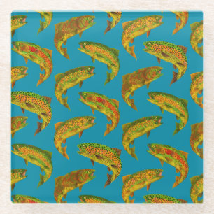 Aspen Leaf Rainbow Trout Seamless Pattern 2018 Glass Coaster