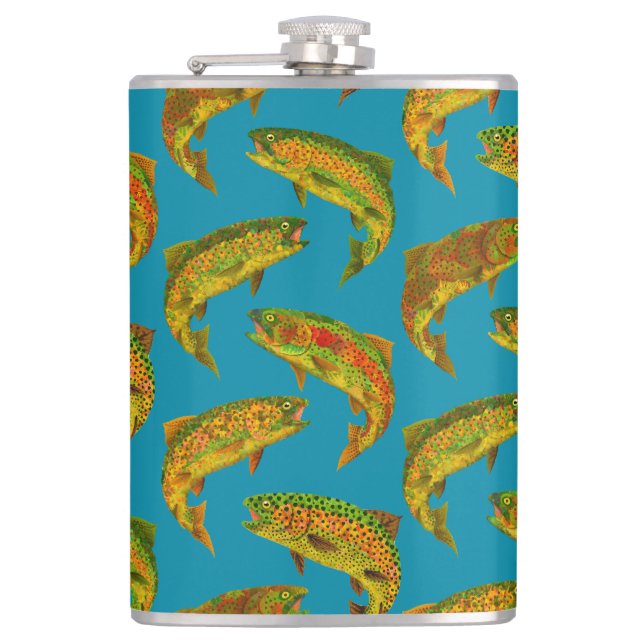 Aspen Leaf Rainbow Trout Seamless Pattern 2018 Hip Flask (Front)