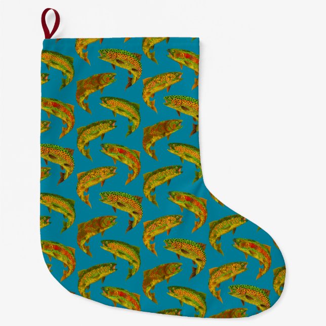 Aspen Leaf Rainbow Trout Seamless Pattern 2018 Large Christmas Stocking (Front)