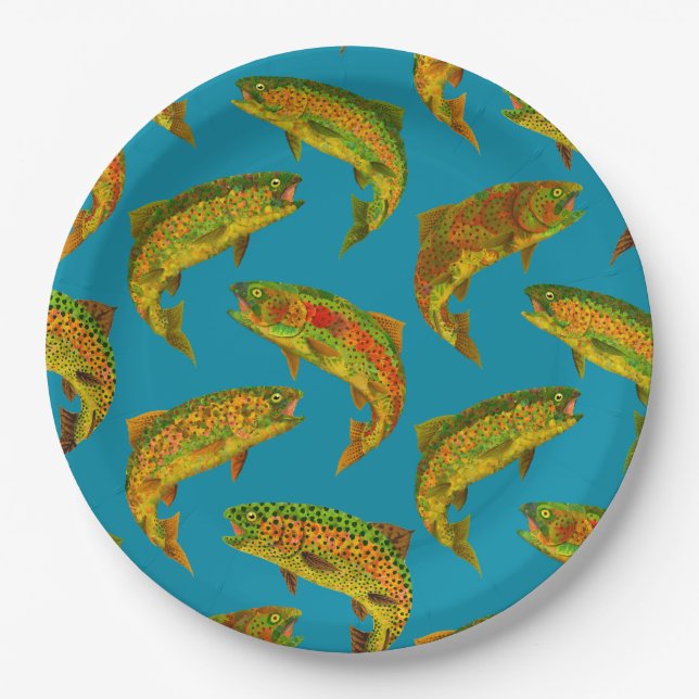 Aspen Leaf Rainbow Trout Seamless Pattern 2018 Paper Plate (Front)