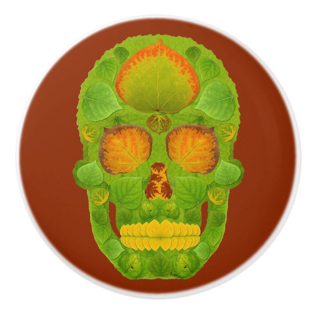 Aspen Leaf Skull 10 Ceramic Knob (Front)