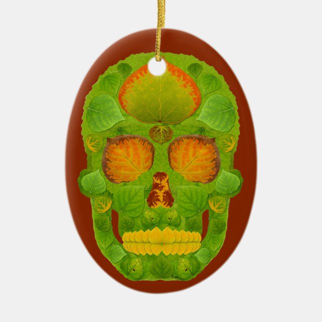 Aspen Leaf Skull 10 Ceramic Tree Decoration (Front)