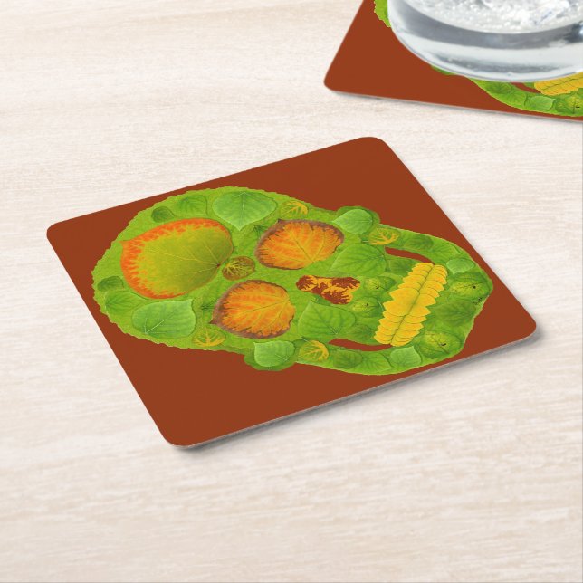 Aspen Leaf Skull 10 Square Paper Coaster (Angled)